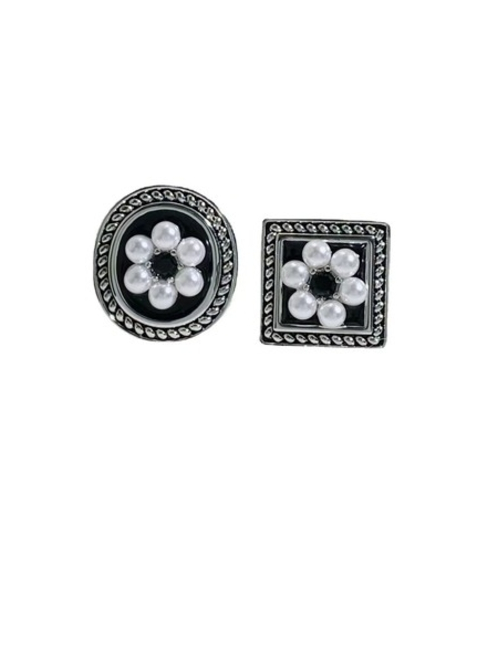 Classic Black & Pearl Flower Stud Earrings